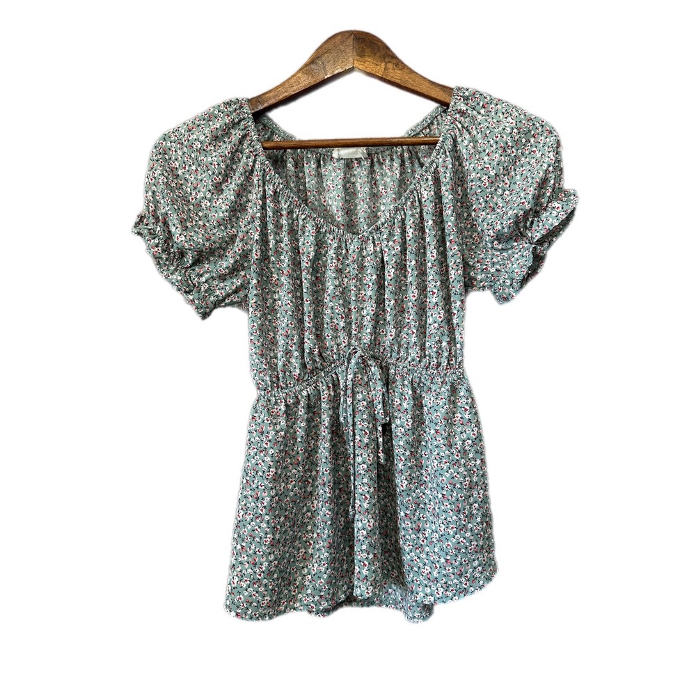 Sienna Sky Floral Babydoll Top Womens XS Green Puff Sleeve Peplum Excellent